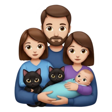 1 mom brown hair, 1 dad no beard, 1 baby and 1 black cat sticker