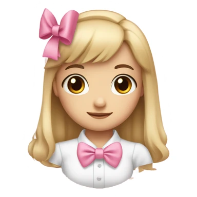 A cute emoji-style girl brown eyes, fair skin, and long blonde hair with bangs . She has two big pink bows on both sides of her head and wears a white blouse with a pink bow tie. sticker