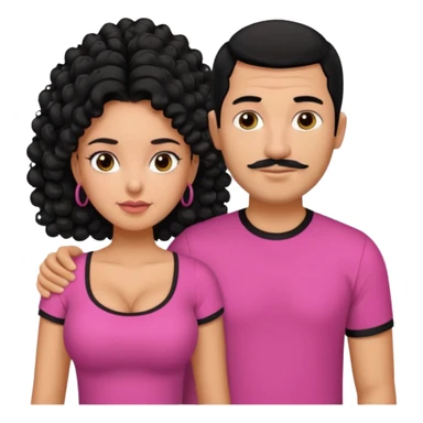 A picture if a couple. the man is a Mexican man with tanned skin, black hair, a bald hair cut, short beard and wearing a black shirt. the woman is mixed with black and white, with curly long hair, wearing a pink shirt and with big boobs sticker
