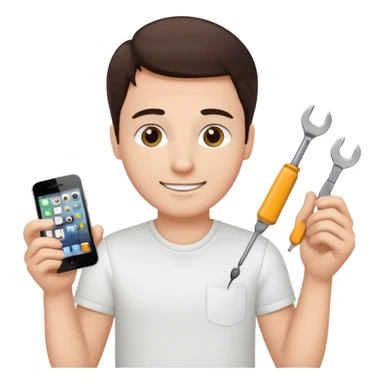 make a white guy with dark brown hair, with a simple white o grey shirt, repairing an iphone happy, tecnician with small tools sticker