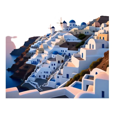 Cinematic Realistic Santorini Caldera Landmark Emoji, featuring white-washed buildings perched on volcanic cliffs, overlooking the deep blue Aegean Sea, with warm sunset hues illuminating the sky and reflecting off the water. sticker