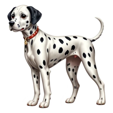 Cinematic Realistic full-body portrait of a Dalmatian dog, rendered with glossy, meticulously detailed spotted fur and expressive, alert eyes, set against a clean, neutral backdrop that highlights its regal and athletic stance. sticker