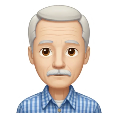 Thin elderly man with light skin. Elongated face with kind expression. Light brown eyes. Thin eyebrows. White goatee and white mustache. Fine straight gray-white hair combed back with some bangs falling on forehead. Slim build. Wearing a blue and beige checkered button-up shirt. sticker