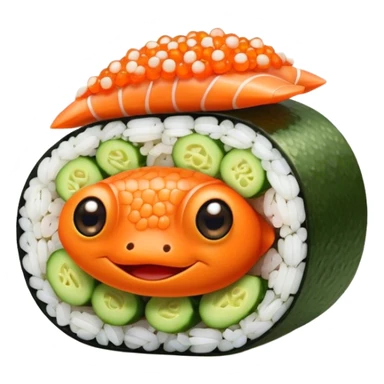 Cute Kawaii California Roll, tiny and round, cute layers of avocado, crab, and cucumber, wrapped in bright orange fish roe, a joyful winking face, tiny sesame seed freckles! sticker