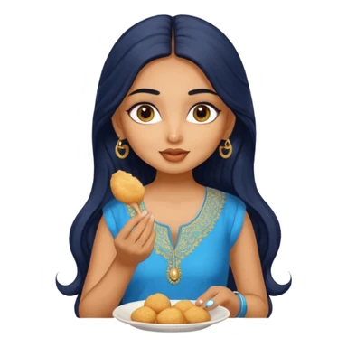 a pretty tan indian bratz girl. eyeliner on, wearing a blue kurti, eating golgappa. NO SPOON. wavy long black hair sticker