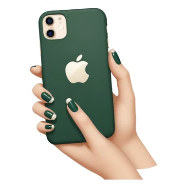 female hand with nude manicure holding a white iPhone in a dark green case, minimalism sticker
