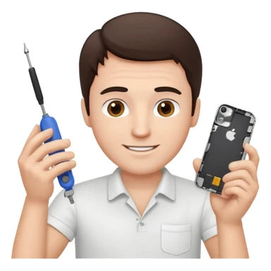 make a white guy with dark brown hair, with a simple white o grey shirt, repairing an iphone happy, tecnician with small tools for phone sticker