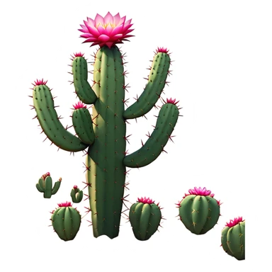 Cinematic Realistic Cactus Emoji, Tall and spiny, with thick, rounded stems covered in sharp spines. Bright flowers bloom at the tips of some branches, adding a pop of color against the desert backdrop. Soft glowing outline, capturing the essence of strength, survival, and desert beauty in a striking cactus! sticker