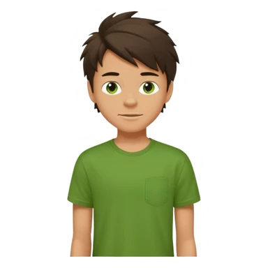 A 14 yerar old teenage boy, slightly tanned, wearing a green t-shirt , blue jeans and green sneakers with dark brown tousled hair, smirking sticker