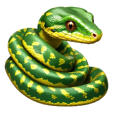 cinematic-green tree python-realistic-full-body-coiled-emoji,-thick-scaled-body-looped-tightly,-intricate-brown-and-gold-patterned-scales-reflecting-light,-head-tilted-dramatically,-slitted-eyes-staring-calmly,-simplified-yet-realistic-focused-feature sticker