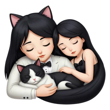 One beautiful long Black hair girl sleeping next to a tuxedo cat sticker