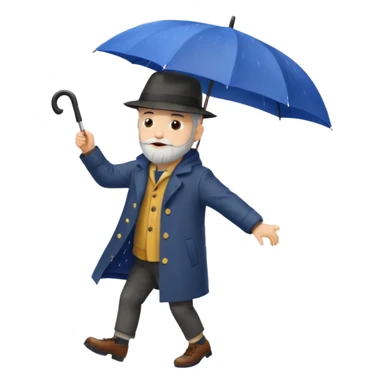 A dark-haired boy with a white beard dancing with an umbrella in the rain sticker