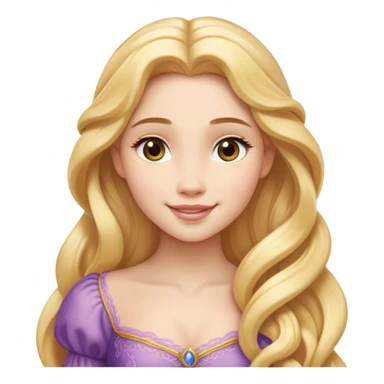 Cinematic Realistic Rapunzel Portrait, with porcelain-like skin featuring a subtle, natural glow, illuminated by soft lighting that brings out the gentle contours of her face. Her long, golden blonde hair cascades in detailed waves, each strand highlighted with a radiant shimmer as it catches the light. Her bright, expressive green eyes exude curiosity and warmth, framed by delicate lashes and soft, arched brows. Her expression is playful and vibrant, with a gentle smile. She is dressed in her classic lavender and pink gown, the fabric textured with delicate folds that flow naturally, catching the light with a soft, radiant glow. The portrait captures a luminous, enchanting aura, seamlessly blending realism with a whimsical, fairytale charm, evoking a timeless sense of beauty and magic. sticker