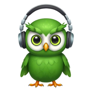 green pea wearing headphones in the style of the duolingo owl mascot with big eyes sticker