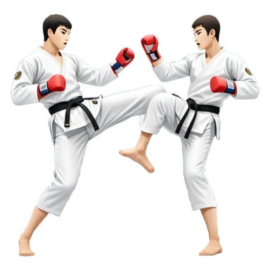 Two taekwondo fighters in traditional white doboks with black belts. One delivers a powerful kick, while the other defends by blocking with his knee. The background shows a professional arena with bright lights and an excited crowd. Transparent background highlights the intense action sticker