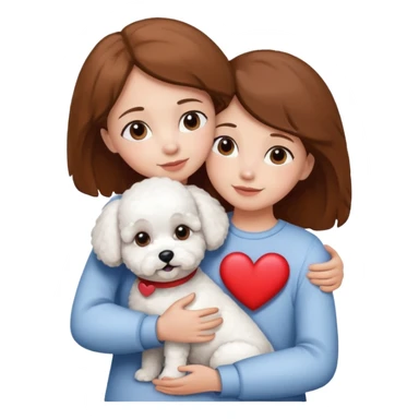 White older dog bishon in hug with birl with brown hair and heart between them sticker