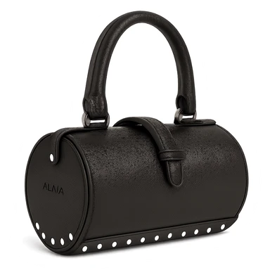 Make the Alaïa Teckel bag look more photorealistic with realistic leather texture, metallic studs, and natural lighting, on a white background. Keep the cylindrical silhouette and luxury details. Preserve transparency if present. sticker