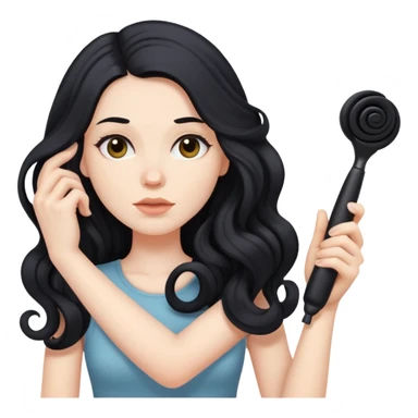 pale skinned woman with long black hair curling her hair, getting ready sticker