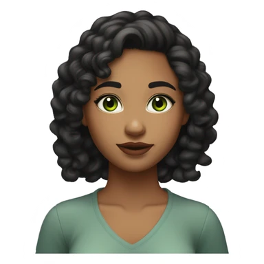 long curly black hair, full body head to toe, eyes with a hint of green, eyes positive  canthal tilt ,medium thick eyebrows , and thin lips, round face shape, soft jawline, full body, teen, sensual, american, woman, well defined feminine body sticker