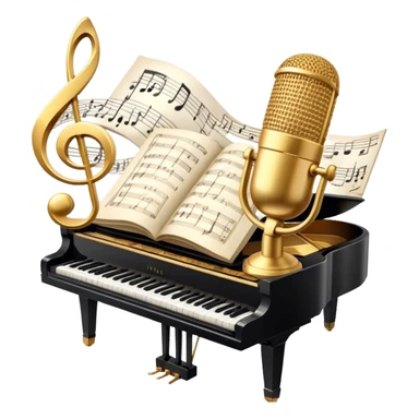 Create an elegant and refined emoji that represents classical or academic vocal performance. The design should feature a microphone, sheet music with musical notes, and a treble clef to symbolize the vocal artistry and music theory behind academic singing. Add subtle elements like a vocal warm-up chart or a grand piano to reflect the classical training. Use classic colors like gold, silver, and deep blue to emphasize sophistication and professionalism. The background should be transparent. sticker