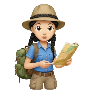 A braid black hair backpacking woman checking her map with curious eyes while walking with camping hat and dirt covered bootsfull body sticker