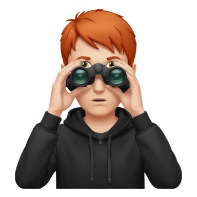 A red-haired, short-haired man without a beard, wearing a black hoodie, looks through binoculars sticker