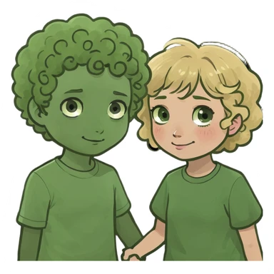 a girl with curly blonde hair holding hands with a boy with short fluffy brown hair  sticker