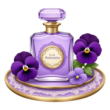 An ornate glass perfume bottle, filled with a delicate violet-hued elixir, rests on a lace-covered vanity tray, surrounded by pressed pansies in shades of lavender, plum, and amethyst, their petals softly curling with time. A worn leather-bound poetry book, its pages kissed with faded lilac ink, lies open beside it, exuding whispers of forgotten verses and fleeting romance sticker