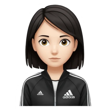 A girl with  medium length, dark hair, fair skin. The style is a soft, layered cut that falls around her shoulders. wore black Adidas track jacket with white stripes on the sleeves. It has a full zipper down the front, a stand-up collar, and the Adidas logo on the right chest emoji sticker