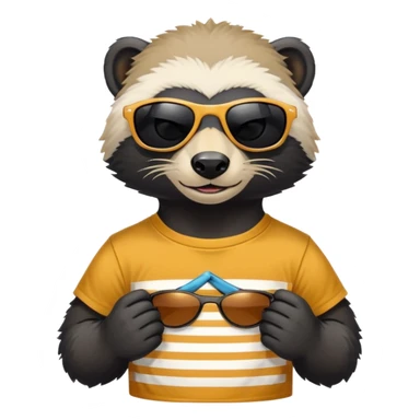 friendly anthropomorphised honey badger, close crop showing head, neck, and top of t-shirt with a graphic print, wearing sunglasses sticker