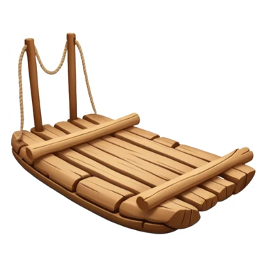 showing a simple wooden raft floating on calm blue water — made of several brown logs tied together with rope — gentle ripples around it — bright, cheerful lighting and soft shadows — minimalist, clean emoji design sticker