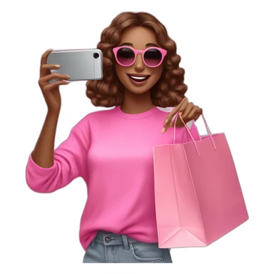 influencer taking selfie with a pink shopping bag sticker