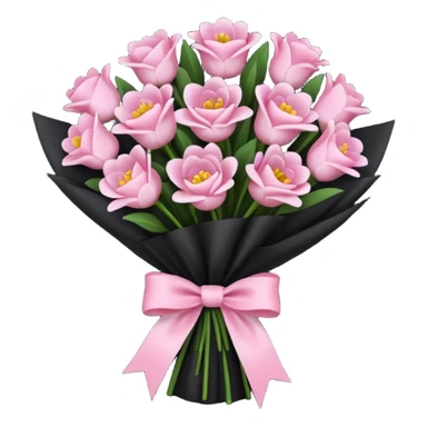Create a baby pink and dark pink flowers bouquet with black wrap paper and with white bow sticker