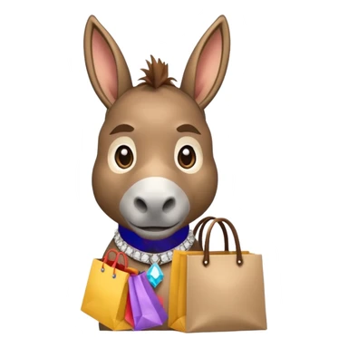 cute donkey with a diamond-studded collar, holding a shopping bag, looking spoiled and pampered, emoji style sticker