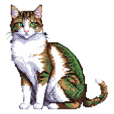 Brown, white, and black tabby cat with green eyes sitting to show its white belly, pixelated art sticker