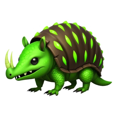 Biohazard armadillo. has black skin and a dark, segmented shell, with the middle sections of each segment glowing in a toxic lime green. The armadillo's face has a twisted, evil grin. His eyes are wide and intense, glowing in the same toxic green. sticker