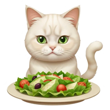 grumpy white cat sitting at a table, looking confused with its ears slightly back. In front of the cat is a plate with a salad sticker