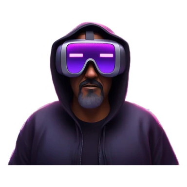 Big Lebowski wearing a black hoodie with "OMG" letters on it and VR headset oculus quest 2 in a cyberpunk VR environment with violet neon lighting. sticker