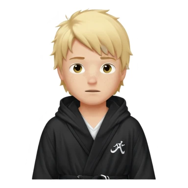 Create a blond boy with long, messy hair, light eyes, a white t-shirt, rich, with long hair, blue eyes, medium-length, voluminous hair, wearing a black Nike bathrobe and a little blush near his nose. and with a balaclava like a ninja and with freckles sticker