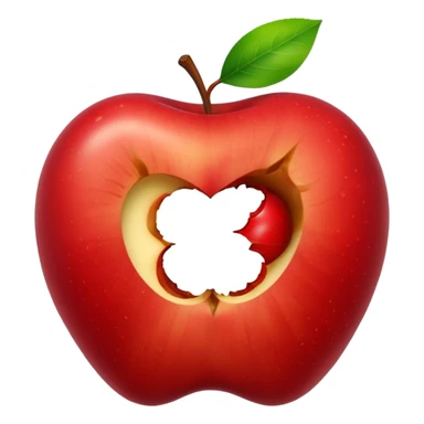 a partially eaten apple showing the core with a couple of leaves sticker