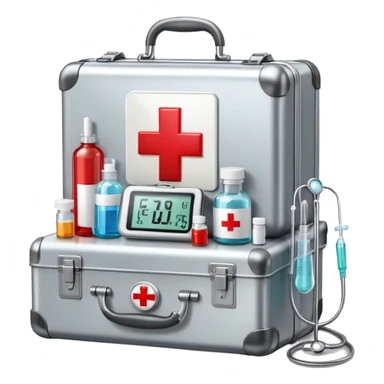 An icon featuring a medical suitcase with a red cross, a bottle of pills, a stethoscope, and a syringe, symbolizing medicine. The design includes a thermometer, bandages, and a heart monitor, representing healthcare and medical treatment. Transparent background highlights the science of healing. sticker