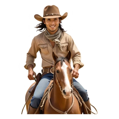 clash-of-clans-aesthetic_-cinematic-playful-cowboy-portrait-emoji, head-tilted with a roguish, cheeky grin and twinkling eyes, featuring a wide-brimmed cowboy hat and a weathered bandana on tan skin, riding a powerful galloping horse with dynamic flowing mane, reins gripped firmly in one hand and a lasso in the other, as dust swirls behind them in a vast desert landscape. sticker