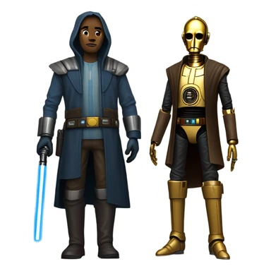 jedi human-sized darkblue-pearl friendly bounty hunter c3po droid wearing a leather wild west duster coat holding light saber ready to fight but relaxed. antique sticker