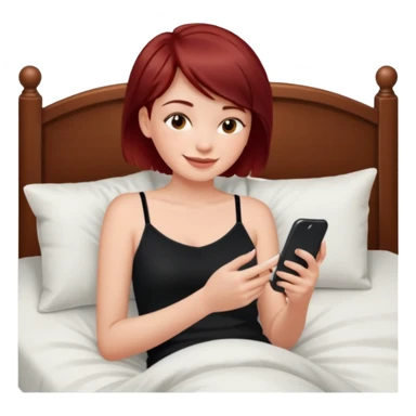 generate a pretty fair bratz girl with short dark red hair using her phone in bed, smiling . Wearing a black cami sticker