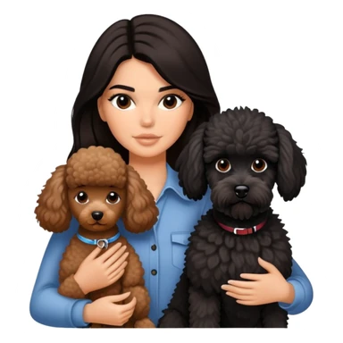 Kendall Jenner with long dark hair holding a brown poodle and a black schnauzer sticker