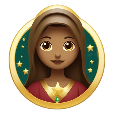 Virgin Mary: kind face looking down at the left, long brown hair, Wearing an emerald green  robe with gold stars and a burgundy red dress,  Hands in prayer or blessing. Halo around her head. standing on a crescent moon.  sticker