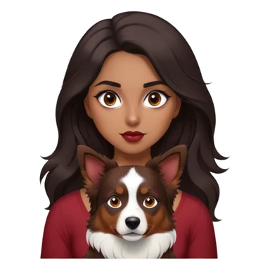 One latina girl with long beautiful dark hair and dark eyes in a dark red v neck and makeup with her black tri colored  Australian shepherd large sticker
