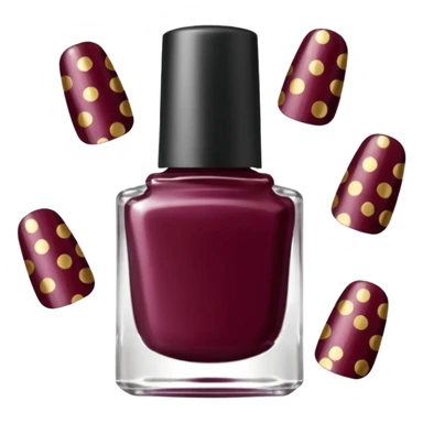 burgundy nail polish bottle, nail polish has light gold iridescence, cap is black with white polka dots, cinematic emoji sticker