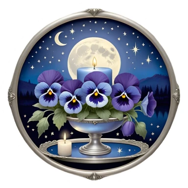 An enchanting nighttime scene where rich blue pansies bloom in a mystical landscape, their petals appearing almost luminous under the soft radiance of a silver crescent moon. A pearl-colored candle, embellished with intricate celestial symbols, sits atop an antique mirror tray, reflecting its warm glow. Wisps of silver mist curl around the flowers, and tiny glowing stars seem to hover just above the ground, adding to the dreamlike atmosphere. In the distance, a faint silhouette of a gothic archway frames the moon, enhancing the scene’s otherworldly beauty. sticker