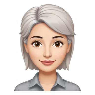 Puerto Rican actress Marian Pabón with elongated face, light pinkish skin, almond-shaped expressive eyes, straight nose, well-defined lips with wide smile, arched eyebrows, pronounced cheekbones, short spiky gray hair like a man's cut, wearing a white buttoned shirt sticker